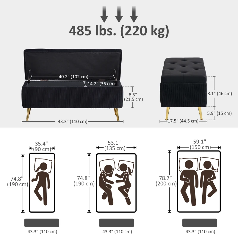 HOMCOM Storage Ottoman Bench, 43 Inch Large Storage Chest with Steel Legs and Padded Seat, Foot Rest, Load 485 lbs, Black