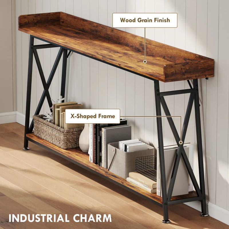 HOMCOM 71" Extra Long Console Table with Storage Shelf and Guardrails, Industrial Entryway Table for Living Room, Rustic Brown