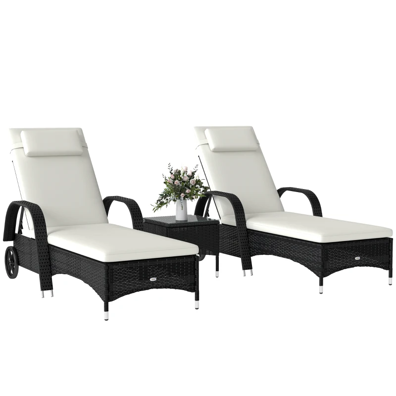Outsunny Patio Rattan Lounge Set has a Wheeled Wicker Chaise Lounge Chair and A Table with A Tempered Glass Top, White