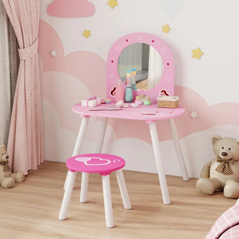 Qaba Kids Dressing Table with Mirror and Stool, Girls Vanity Set for Bedroom, Nursery, for Ages 3-6, Pink