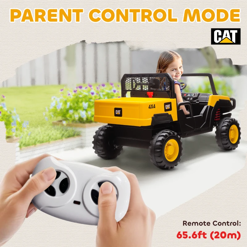 Qaba 24V Kids Ride on Tractor, 4WD 2 Seater Licensed Caterpillar Electric Vehicle with Remote Control, Dump Bed, Yellow