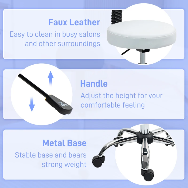 HOMCOM Adjustable Rolling Stool with Removable Backrest, Faux Leather Swivel Stool Chair for Salon Spa, Bar, Massage, White