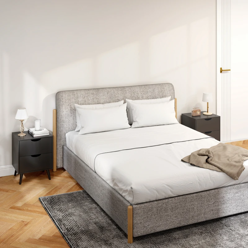 HOMCOM Modern Bedside Table Set of 2, Nightstand with 2 Drawers and Pine Wood Legs for Bedroom, Living Room, Black