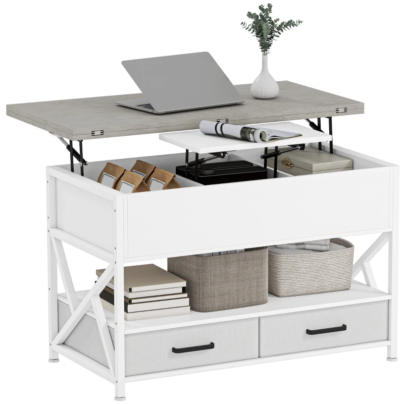 HOMCOM Modern Coffee Table, Lift Top Center Table with Fabric Drawers and Hidden Storage for Living Room, Cement Grey
