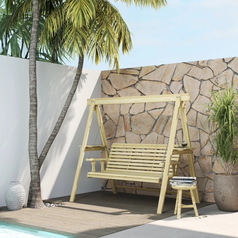 Outsunny 3 Seat Wooden Porch Swing with Stand, Patio Swing with Side Tables, for Garden, Poolside, Backyard, Natural Wood