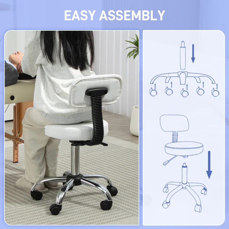 HOMCOM Adjustable Rolling Stool with Removable Backrest, Faux Leather Swivel Stool Chair for Salon Spa, Bar, Massage, White