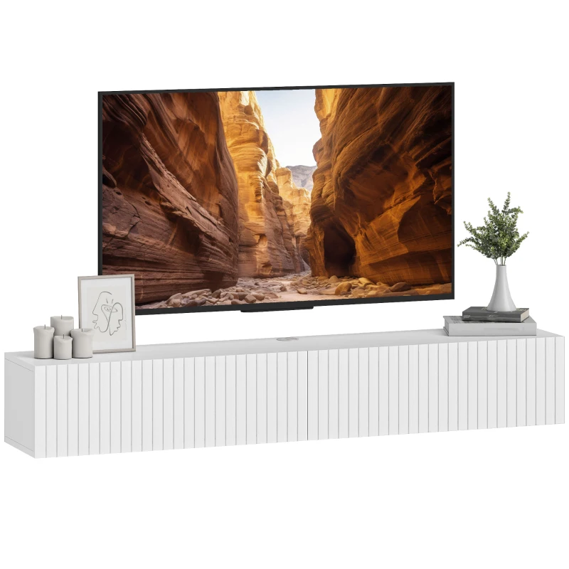 HOMCOM 55" Floating TV Stand for TVs up to 72 Inch, Wall Mount Media Console with 2 Fluted Flip-Down Doors, Cable Hole, White