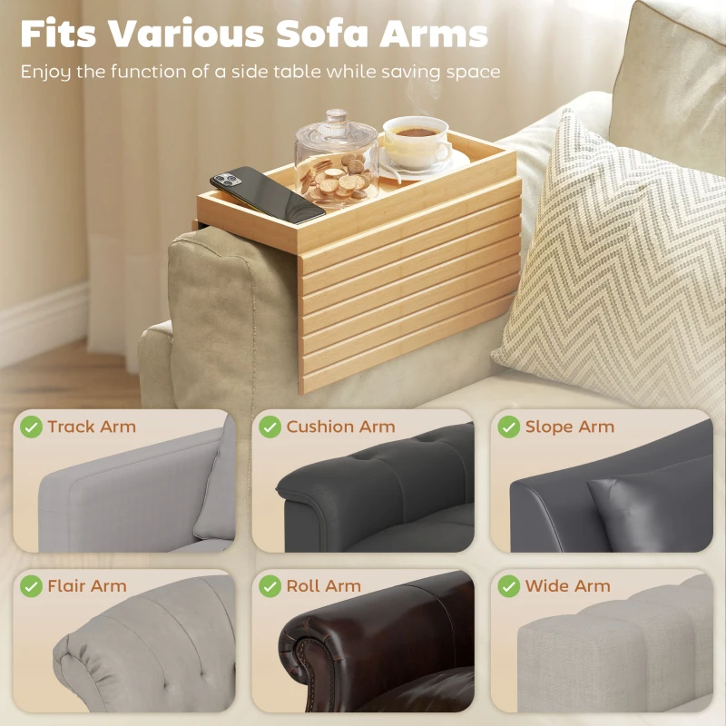 HOMCOM Bamboo Couch Arm Tray, Sofa Armrest Tray with Flexible Roll-up Design and Wide Compartment, Natural