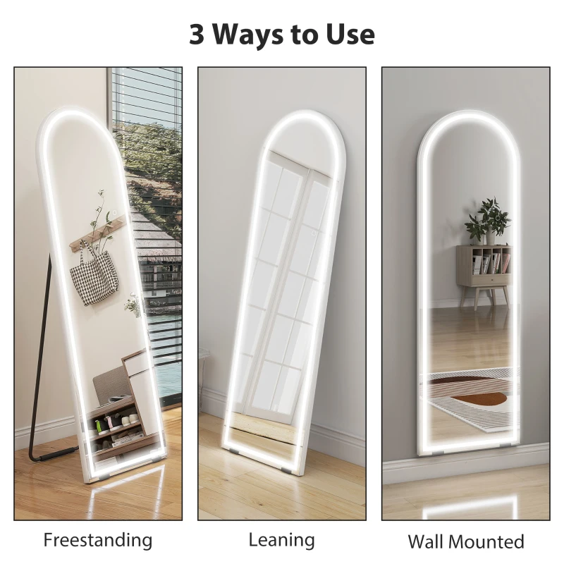 HOMCOM Free Standing Mirror with Dimmable and 3 Colour LED Lights 64" x 21" Arched Floor Mirror for Bedroom Living Room, Clear