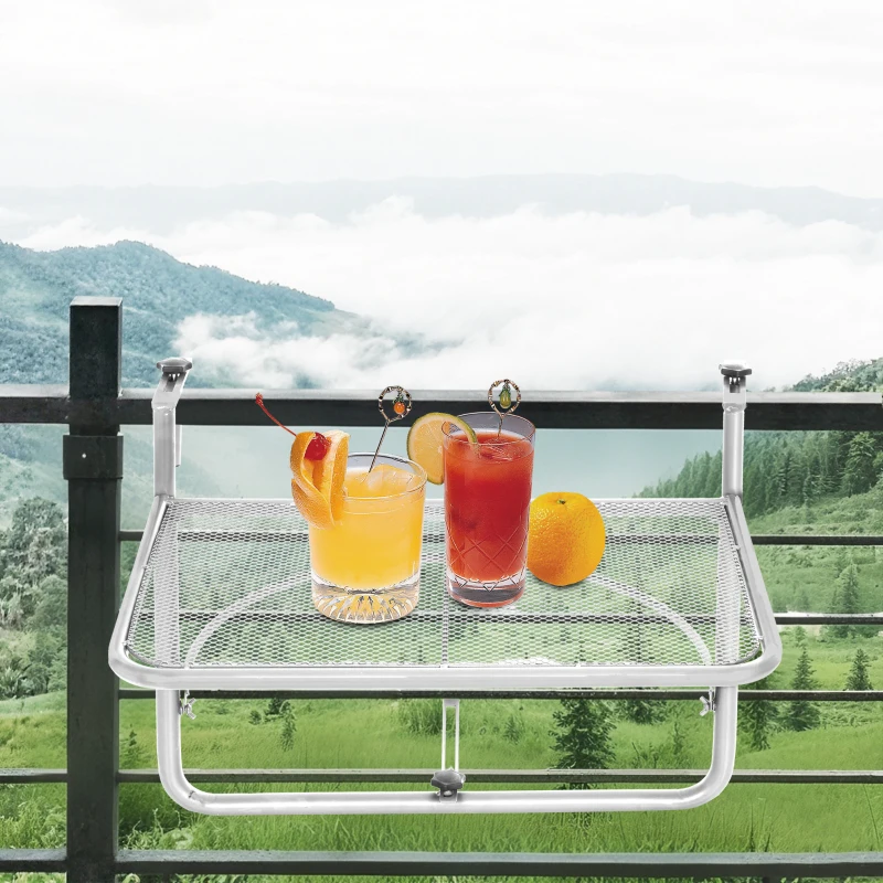 Outsunny Adjustable Balcony Hanging Railing Table, Metal Mounting Mini Wall Desk Storage Rack, Outdoor Flower Stand Serving Table Rectangle, White