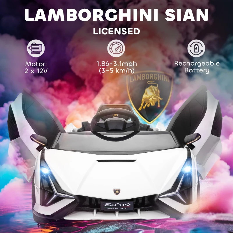 Aosom 12V Lamborghini SIAN Licensed Electric Car for kids with Remote Control, Horn, Music, & Headlights, White