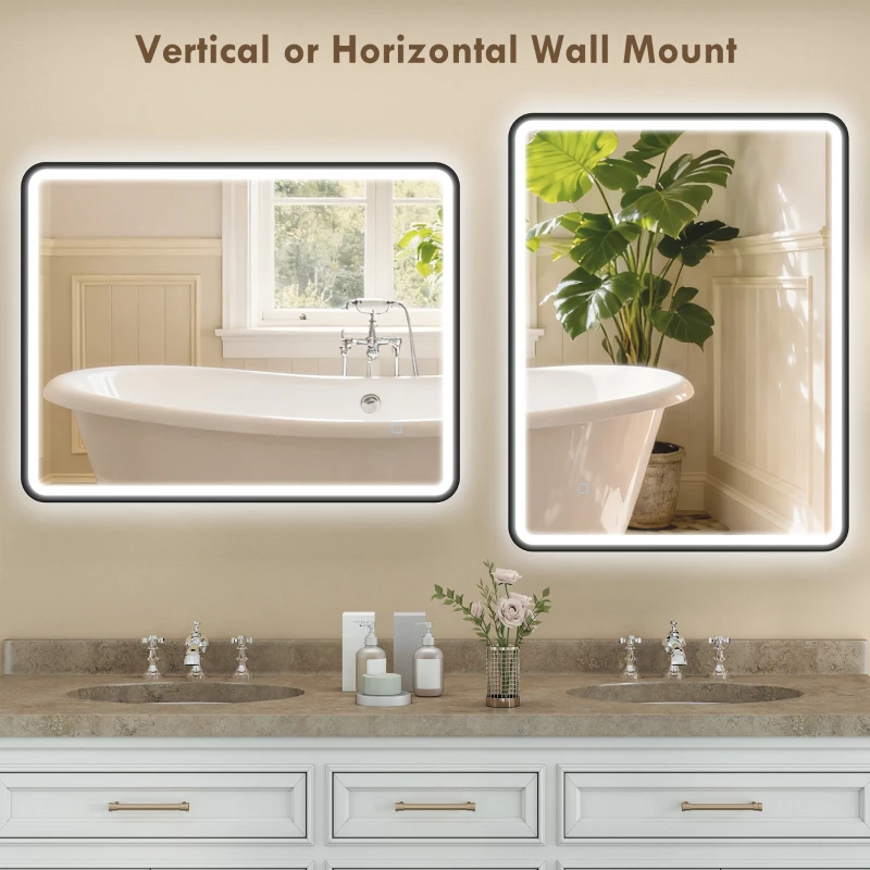 HOMCOM 36" x 28" Bath Mirror with LED Lights, Wall Mounted Restroom Mirror, 3 Colours, Dimmable, Horizontal/Vertical, Black