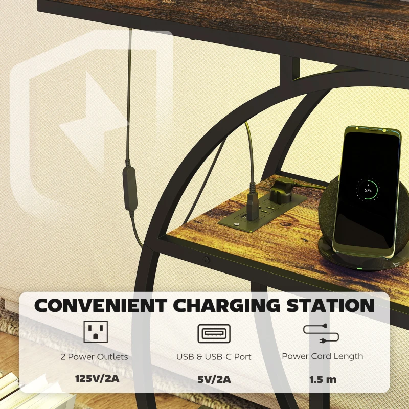 HOMCOM 4-Tier Entryway Table with Charging Station LED Lights 39" Console Table with Circle Base for Living Room, Rustic Brown