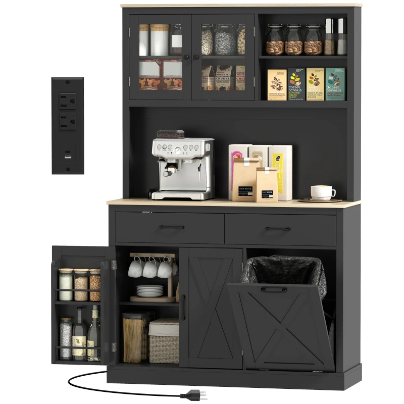 HOMCOM 69" Pantry Cabinet with Charging Station, Kitchen Storage Cabinet with Microwave Stand, Tilt-Out Trash Can, Black