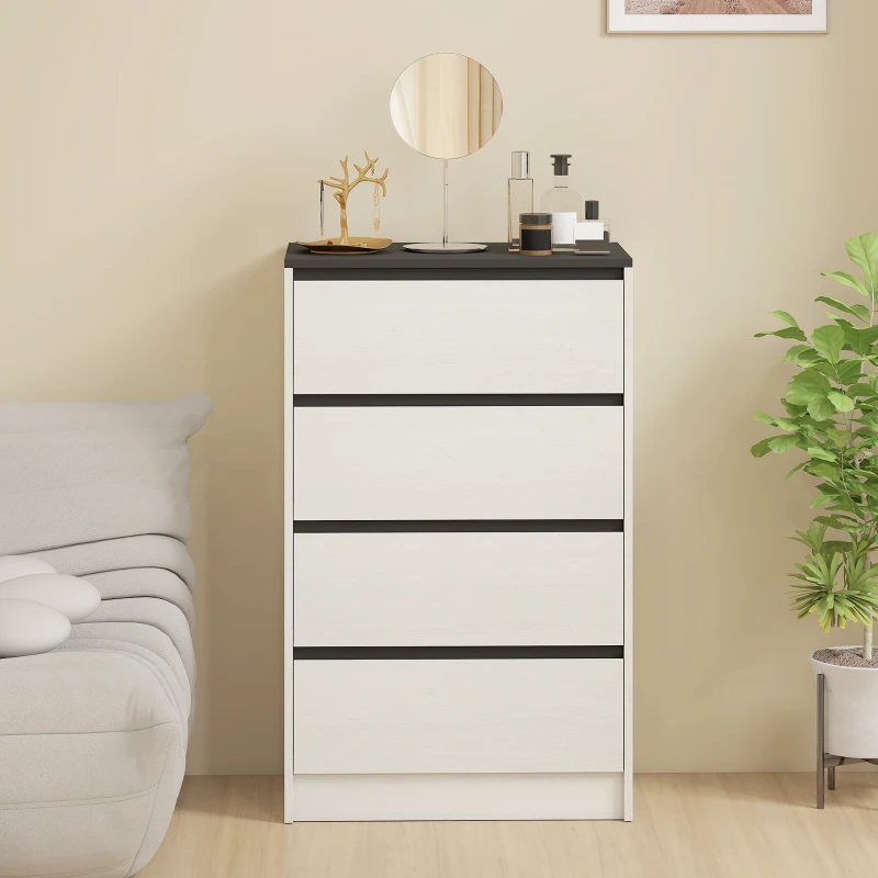 HOMCOM Tall Chest of Drawers, 4 Drawer Dresser for Bedroom, Living Room, Hallway, Modern Storage Cabinet, White Wood Effect