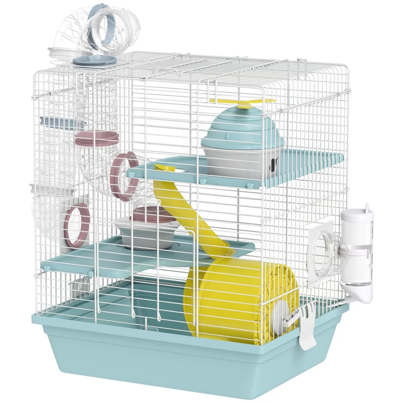 PawHut 3-Level Hamster Cage with Exercise Wheel, Play Tube, Water Bottle, Food Dish, Hut, Ladder, Blue