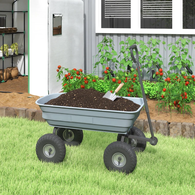 Outsunny Steel Garden Cart with Handle and 10" Pneumatic Tires, Utility Wagon Cart for Garden Patio Lawn, 551lbs Capacity, Grey