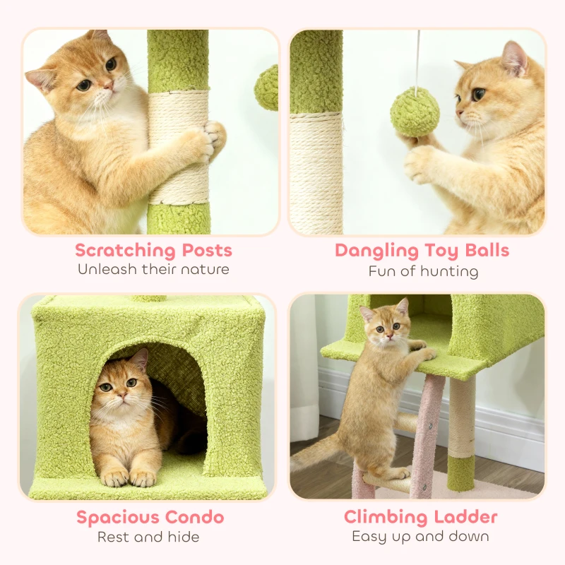 PawHut 48" Flower Cat Tree with Scratching Post, Cozy Bed, Condo, Climbing Ladder, Perch, Dangling Ball, Green