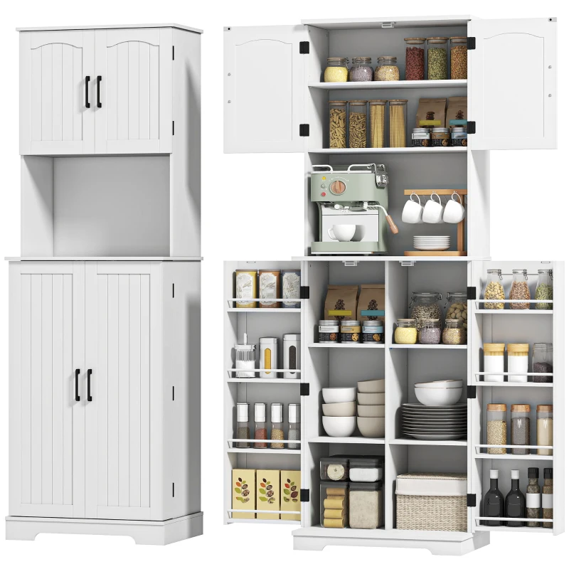 HOMCOM 71.5" Tall Pantry Cabinet, Farmhouse Kitchen Storage Cabinet with Adjustable Shelves, 8 Door Spice Racks, White