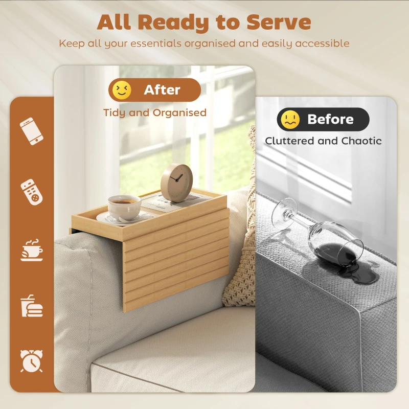 HOMCOM Bamboo Couch Arm Tray, Sofa Armrest Tray with Flexible Roll-up Design and Wide Compartment, Natural