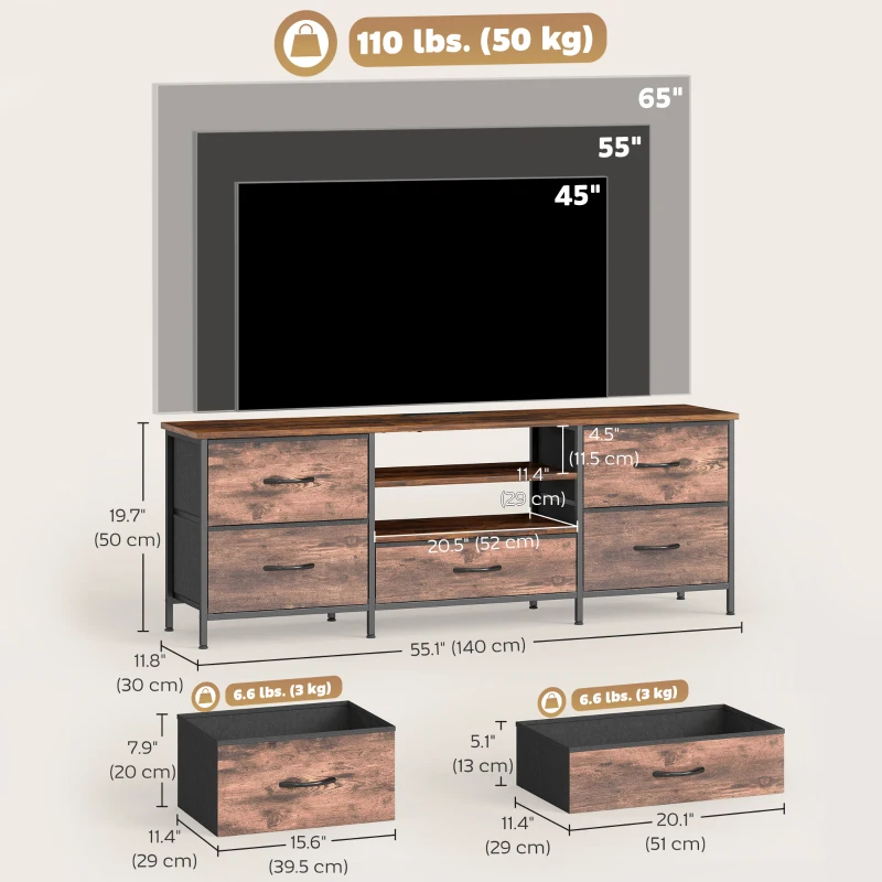 HOMCOM TV Stand for TVs up to 65 Inch, Industrial TV Console with Charging Station, 5 Drawers and Open Shelves, Rustic Brown