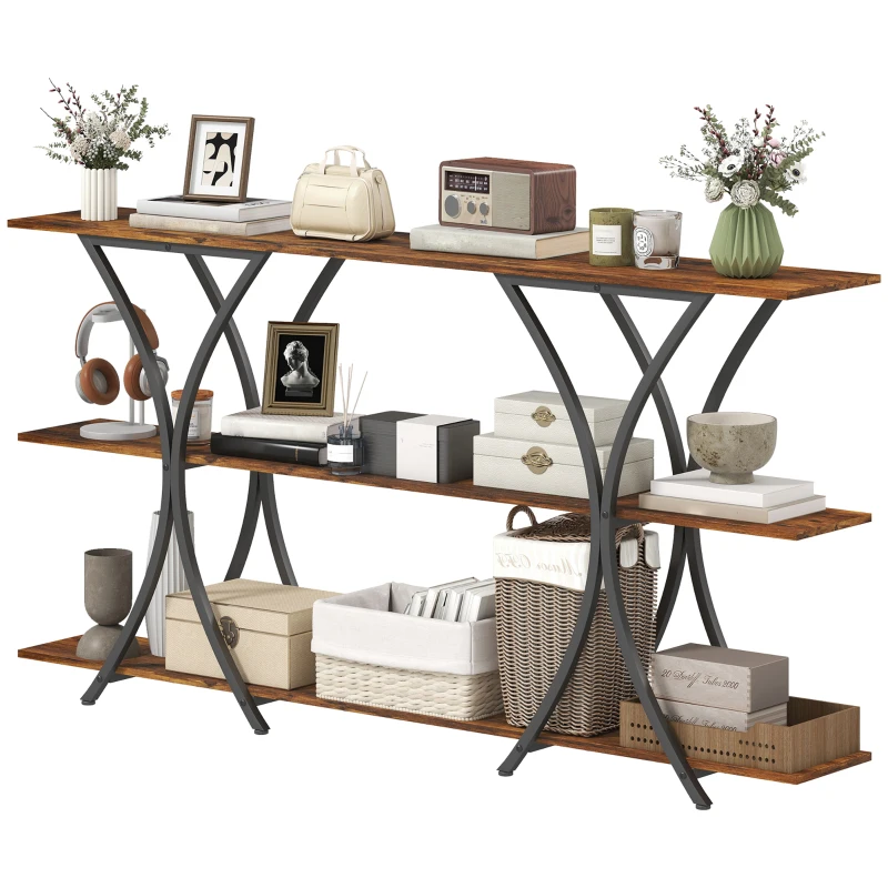 HOMCOM 71" Console Table, 3-Tier Industrial Entryway Table with 2 Storage Shelves for Living Room, Hallway, Rustic Brown