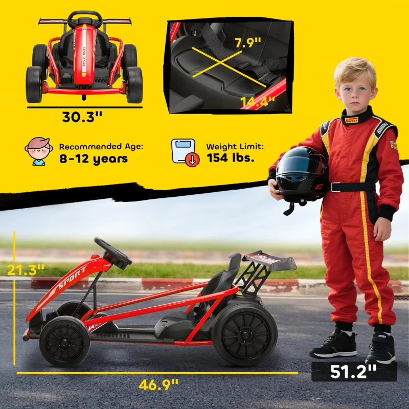 Qaba 24V 7AH Kids Electric Go Kart, 8.1 MPH Battery Powered Drift Kart with Dual Motors, Soft Start for 8-12 Years, Red
