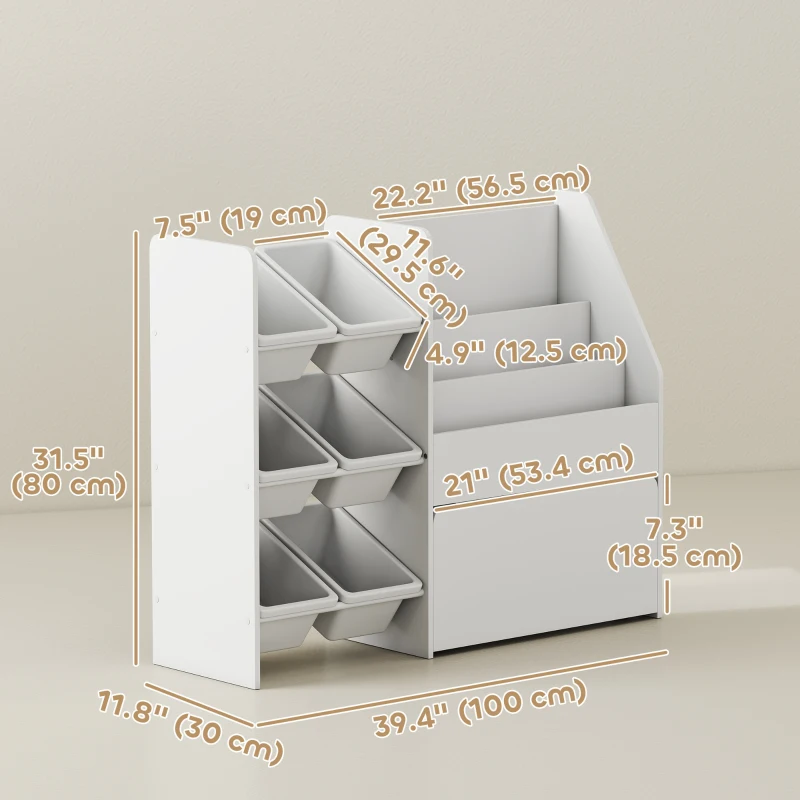 Qaba Kids Bookshelf and Toy Storage, 3-Tier Bookcase with 6 Removable Bins and Box for Toddler Nursery Playroom, White