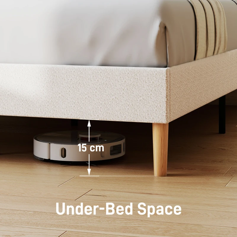 HOMCOM Queen Size Bed Frame with Adjustable Headboard Upholstered Platform Bed Frame with Wood Slat Support Noise Free White