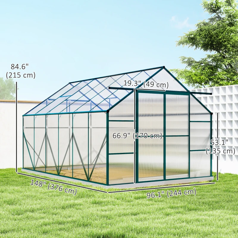 Outsunny Aluminium Greenhouse Polycarbonate Walk-in Garden Greenhouse Kit with Adjustable Roof Vent, 8 x 12ft, Clear