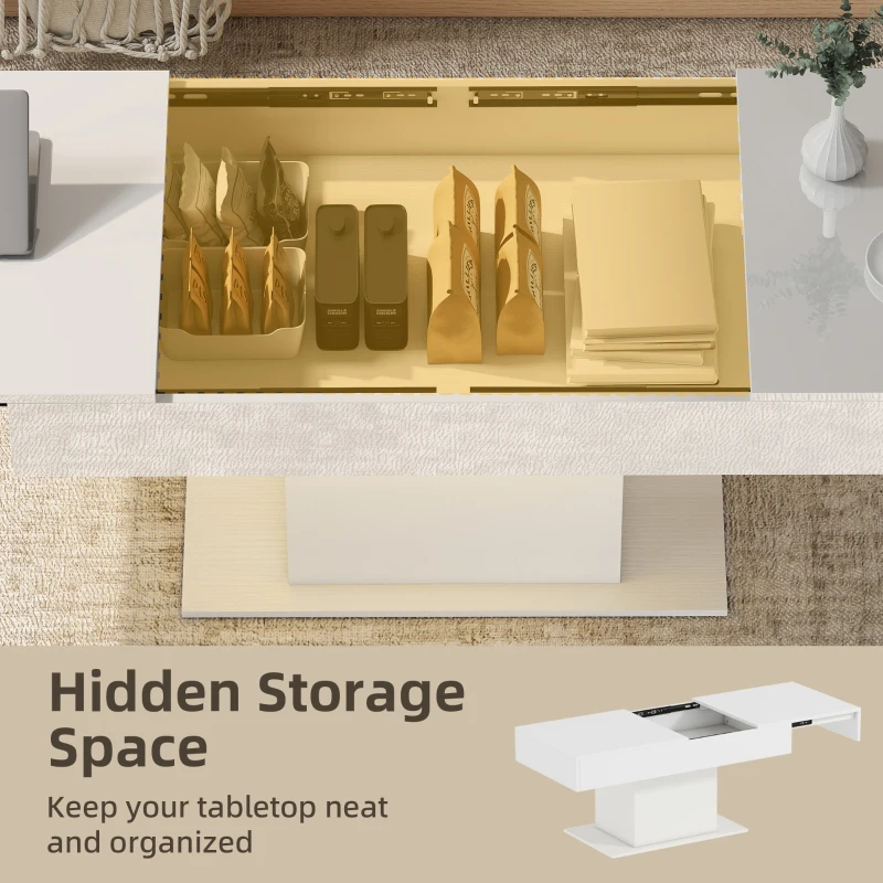 HOMCOM Extendable Coffee Table with LED Lights, Modern High Gloss Center Table with Hidden Storage for Living Room, White