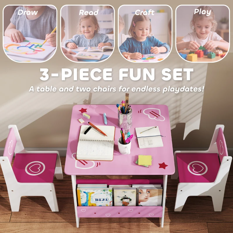 Qaba 3 Pieces Kids Table and Chair Set with Bookshelves, for Classroom, Home, Nursery, Playroom, for Read, Draw, Art, Pink