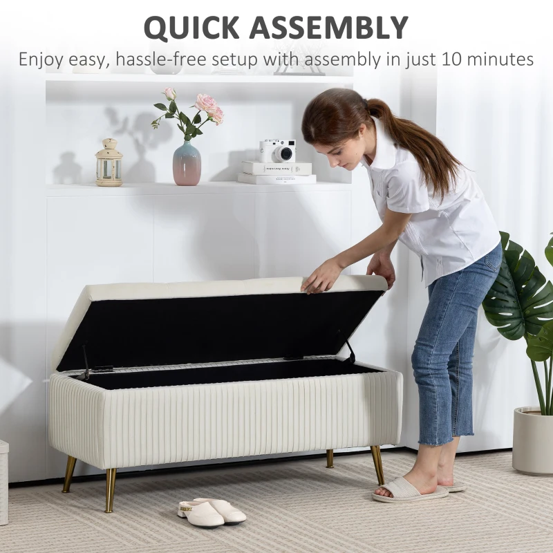 HOMCOM Storage Ottoman Bench, 43 Inch Large Storage Chest with Steel Legs and Padded Seat, Foot Rest, Load 485 lbs, Beige
