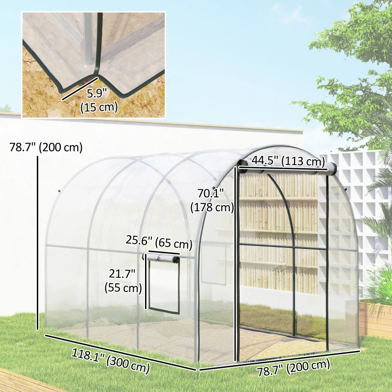 Outsunny Polytunnel Greenhouse with Roll-up Door and Mesh Window, Walk-in Grow House Tent with Steel Frame, 3 x 2 x 2 m, Clear