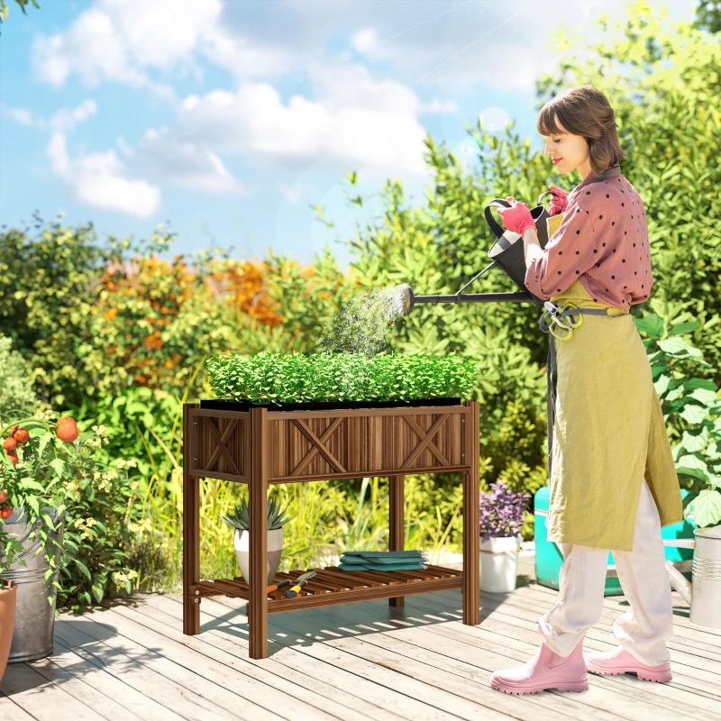 Outsunny Wooden Raised Garden Bed, Elevated Planter Box with Storage Shelf, Drainage Holes and Liner, 34"x18"x30", Carbonized