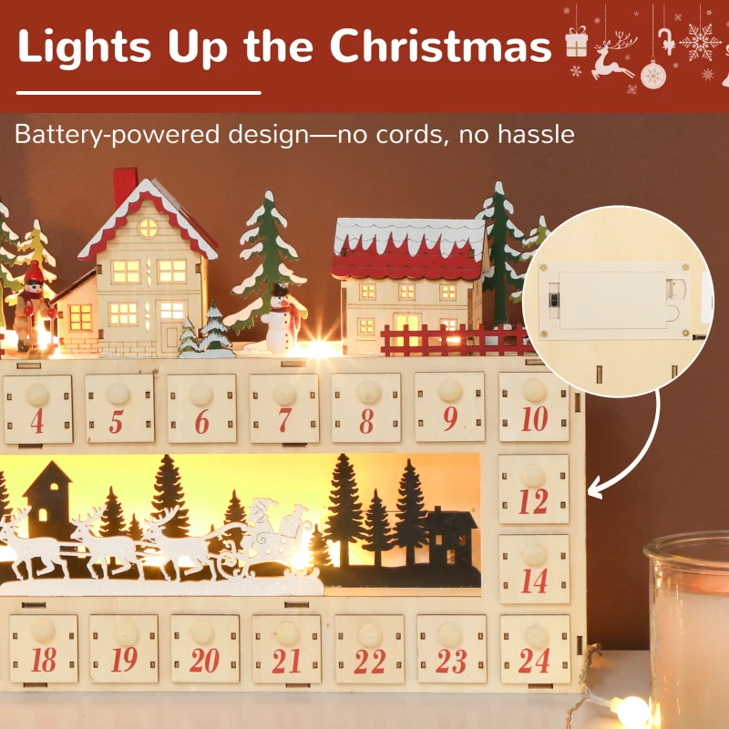 HOMCOM Christmas Advent Calendar with 24 Countdown Drawers and LED Lights, Wood-Effect Advent Calendar, Battery Operated