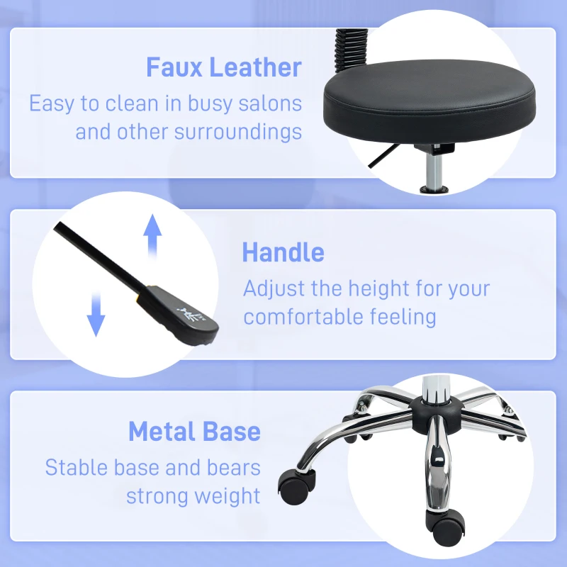 HOMCOM Adjustable Rolling Stool with Removable Backrest, Faux Leather Swivel Stool Chair for Salon Spa, Bar, Massage, Black