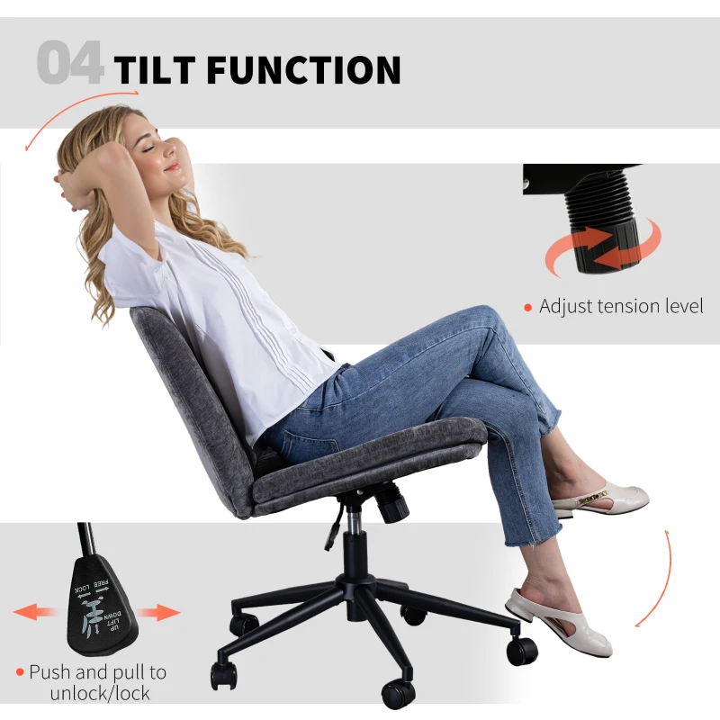 HOMCOM Criss Cross Chair with Wheels, Wide Office Chair with No Arms, Adjustable Height, Tilting, Grey