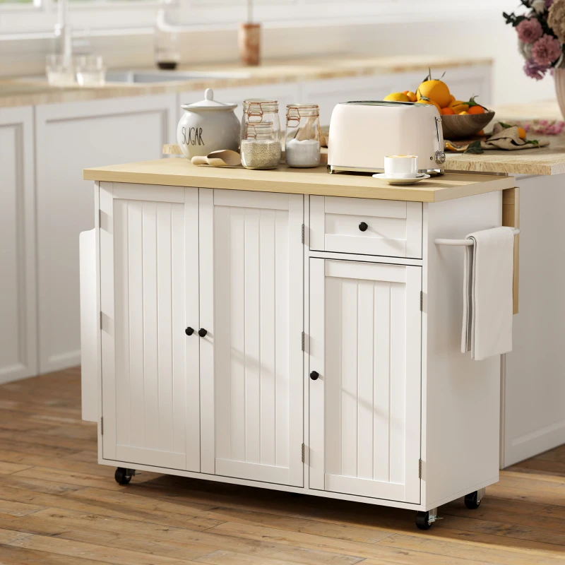 HOMCOM Kitchen Island Cart, Rolling Kitchen Island Table with Drop Leaf, Drawer, Spice and Towel Rack, White