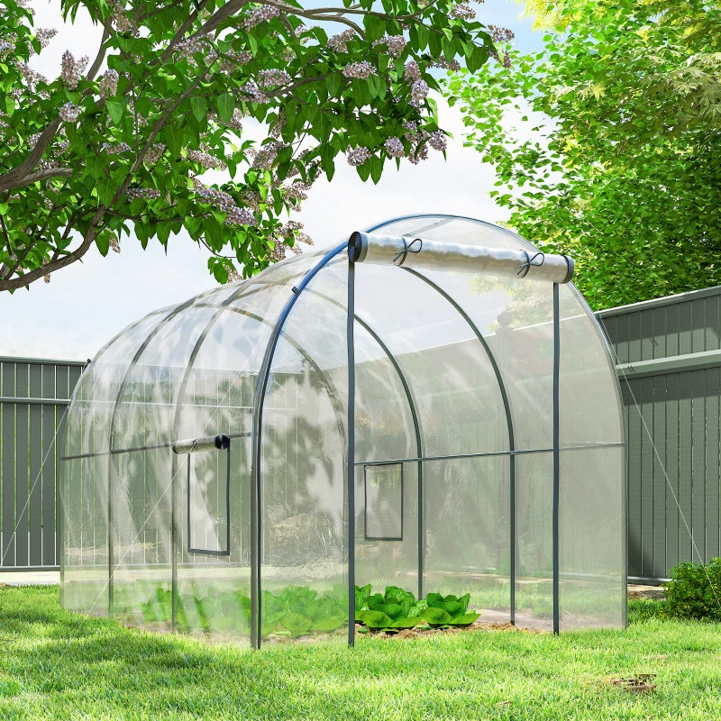 Outsunny Polytunnel Greenhouse with Roll-up Door and Mesh Window, Walk-in Grow House Tent with Steel Frame, 3 x 2 x 2 m, Clear