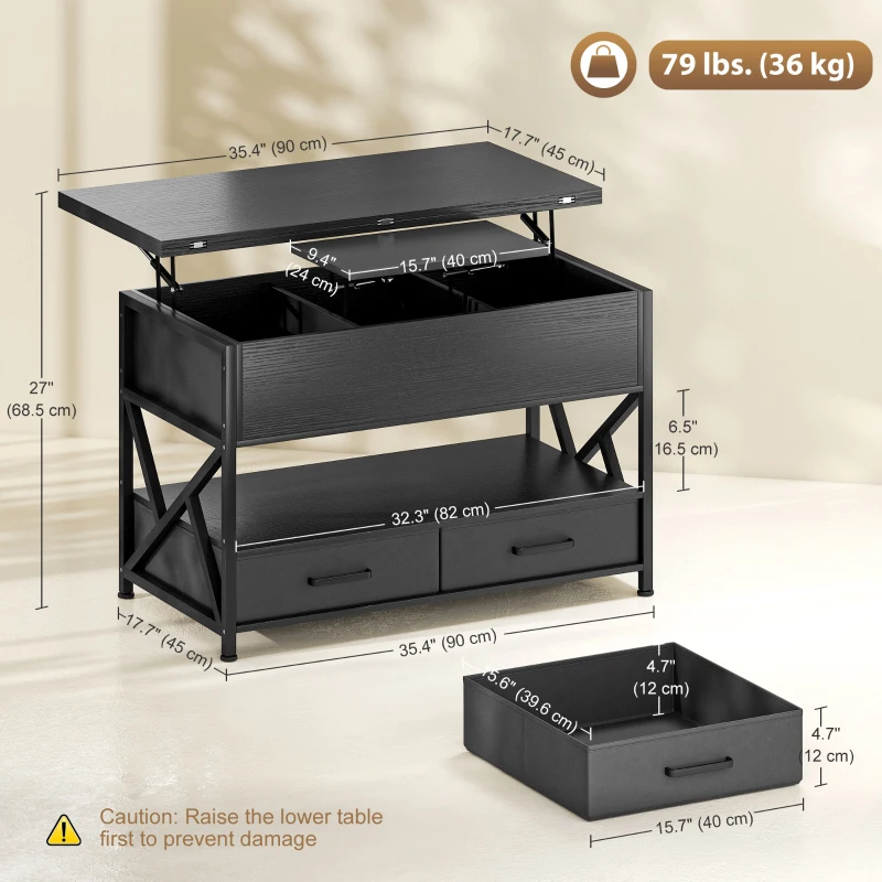 HOMCOM Modern Coffee Table, Lift Top Center Table with Fabric Drawers and Hidden Storage for Living Room, Distressed Black