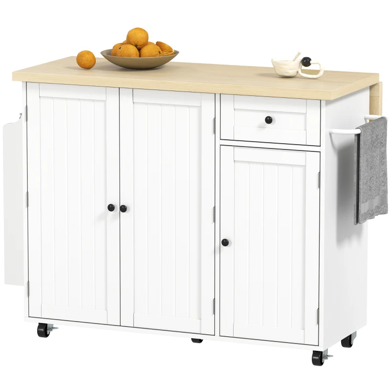 HOMCOM Kitchen Island Cart, Rolling Kitchen Island Table with Drop Leaf, Drawer, Spice and Towel Rack, White
