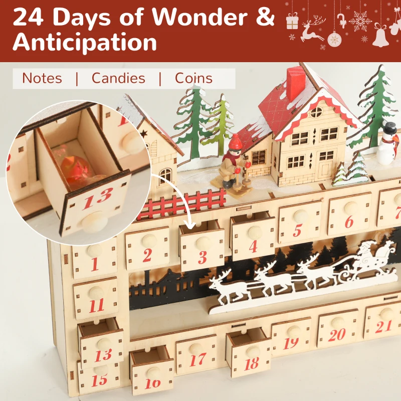 HOMCOM Christmas Advent Calendar with 24 Countdown Drawers and LED Lights, Wood-Effect Advent Calendar, Battery Operated