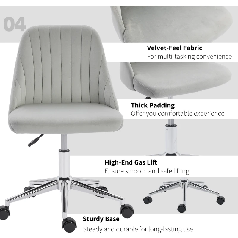 Vinsetto Vanity Chair for Makeup, Velvet Comfy Office Chair with Adjustable Height, Swivel Wheels for Bedroom, Living Room, Grey