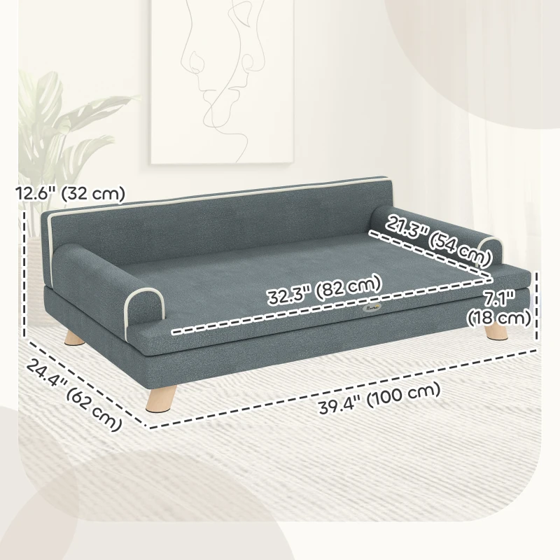 PawHut Elevated Dog Sofa Bed, Cat Couch with Cushion, Washable Cover, Wooden Legs, for Medium & Large Dogs, Dark Grey