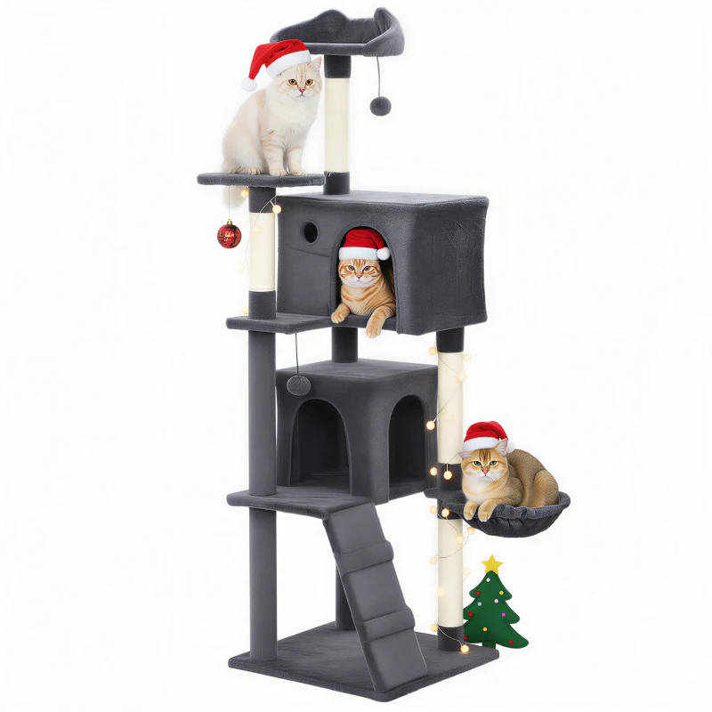 PawHut 63 Inch Cat Tree with Sisal Scratching Posts, Condos, Plush Perches, Hammock, Ladder, Dangling Balls, Dark Grey