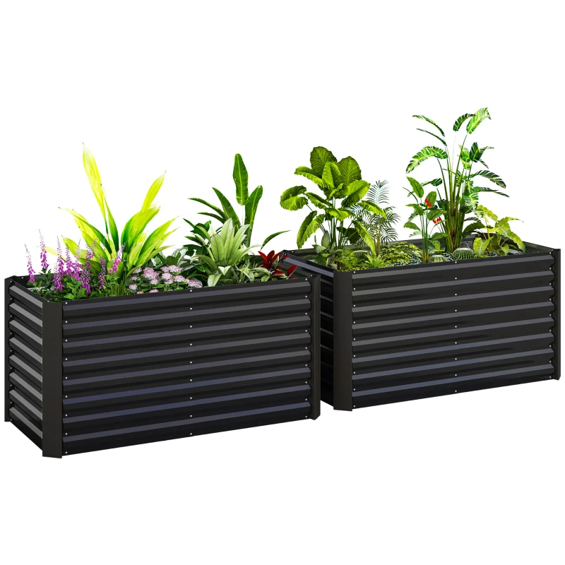 Outsunny Set of 2 Galvanized Metal Planters for Outdoor Plants, 4' x 2' x 2' Raised Garden Bed, Dark Grey