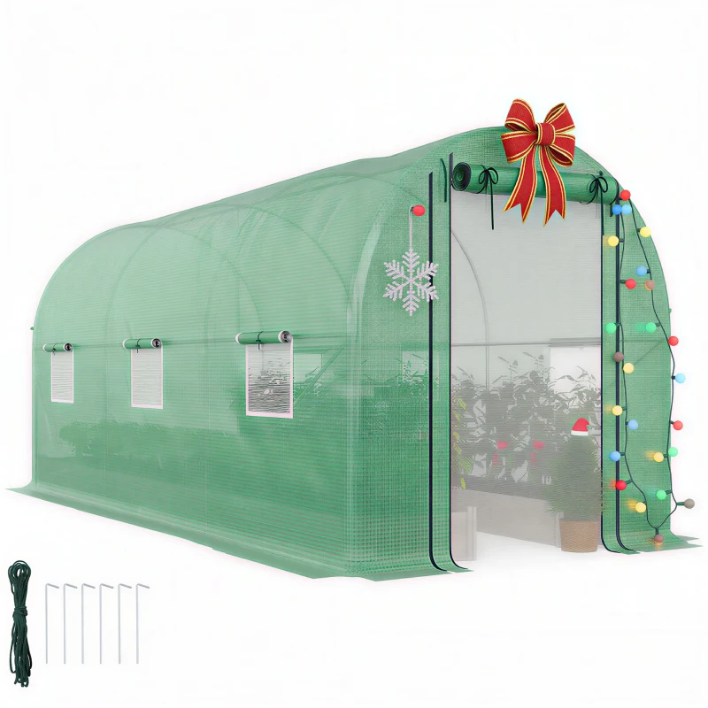 Outsunny Hoop House Greenhouse, Walk-in Tunnel Greenhouse with 2 Support Rods, Zippered Roll-up Mesh Door, 14.6'x6.5'x6.6', Green