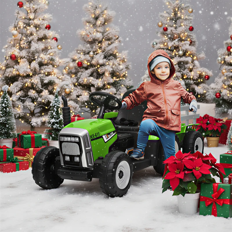 Aosom 12V Kids Ride on Tractor with Trailer, Battery Powered Electric Kids Car with Remote Control, Music Start up Sound and Horn, USB, LED Lights, Green