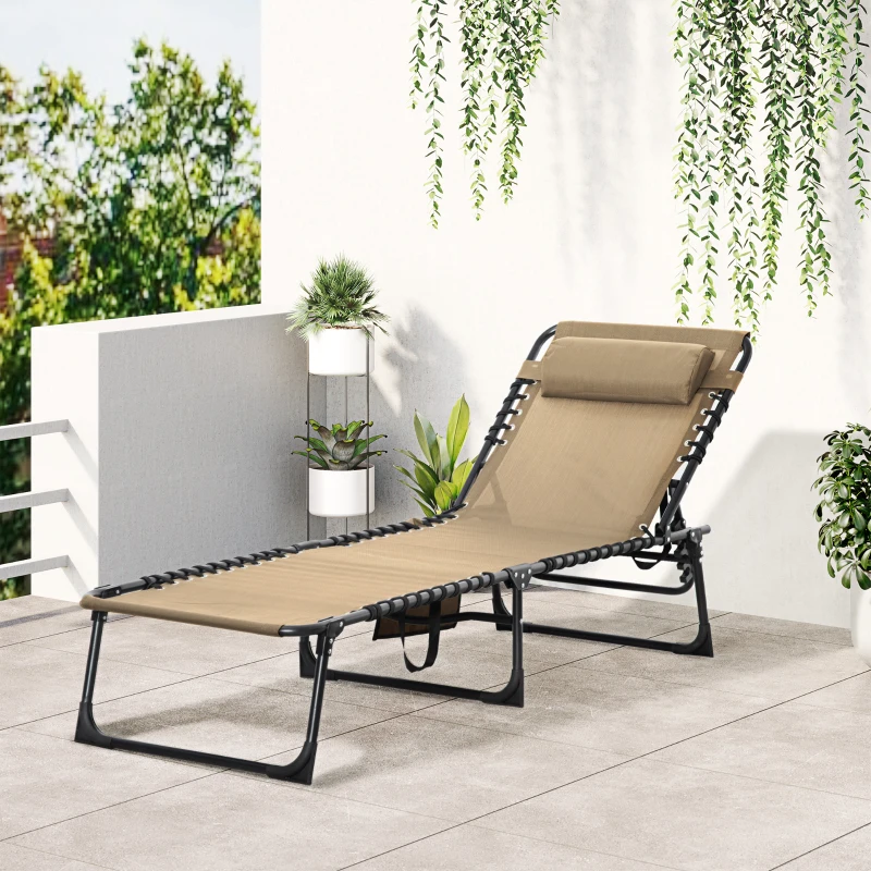 Outsunny Outdoor Folding Chaise Lounge, Reclining Lounge Chair with Adjustable Backrest and Removable Pillow, Beige